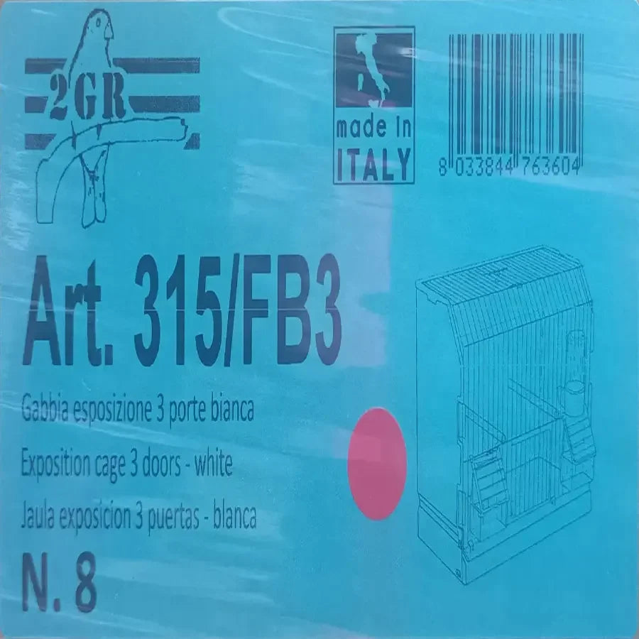 La cage de préparation 2GR 2-GR, ART.315/FB3, est présentée dans un emballage bleu orné d'une icône d'oiseau et d'un code-barres. Le texte indique « Exposition cage démontable blanche - white » en anglais, italien et espagnol. Elle est fièrement fabriquée en Italie avec une icône du drapeau italien.