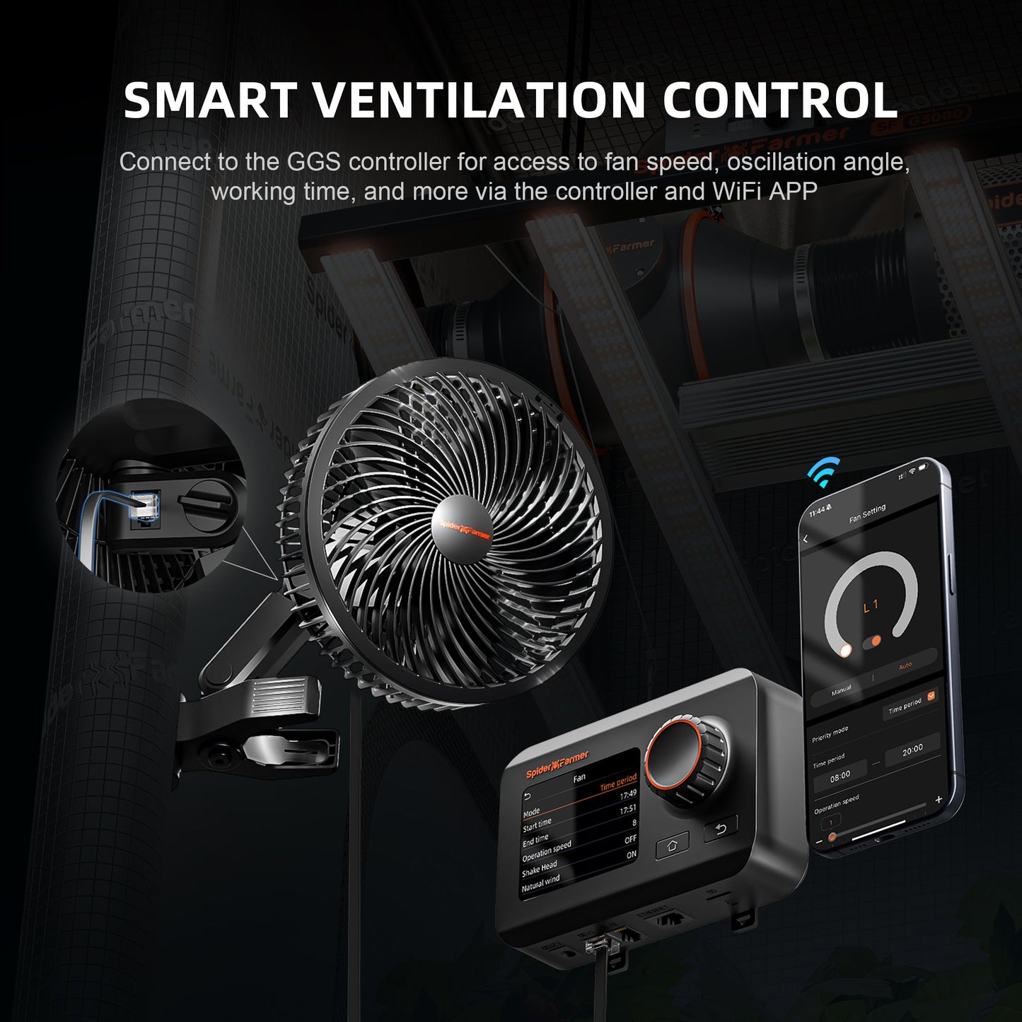 2025 Nouvelle version Spider Farmer®6 pouces tente de croissance clip ventilateur Moteur EC, 10 vitesses Contrôle du vent Oscillation grand angle à 10 niveaux, étanche IP54 pour un flux d’air optimal des plantes SPIDER FARMER