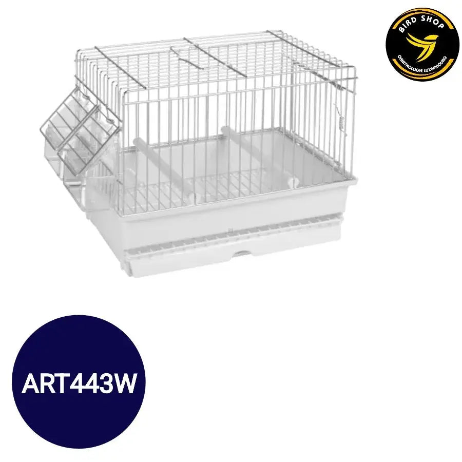 Cage de transport blanche pour petits oiseaux avec mangeoires et perchoirs, dimensions 27,5x17x20cm, sécurisée et ventilée.