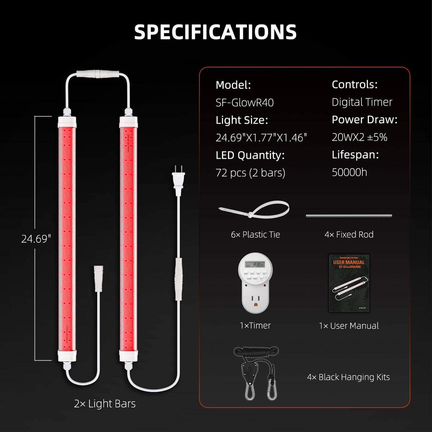 Spider Farmer®GlowR40 40W Deep Red Spectrum 660nm Lampe de croissance LED supplémentaire pour plantes d’intérieur,Lampe de culture suspendue pour plantes de serre hydroponiques Semis Veg - BIRD SHOP ORNITHOLOGIE LUXEMBOURG S.A.R.L-S