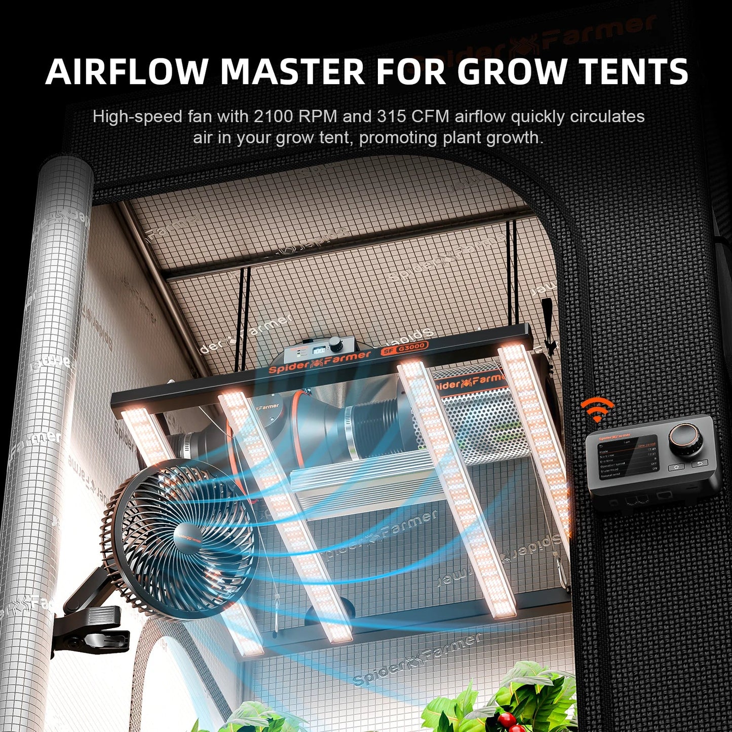 2025 Nouvelle version Spider Farmer®6 pouces tente de croissance clip ventilateur Moteur EC, 10 vitesses Contrôle du vent Oscillation grand angle à 10 niveaux, étanche IP54 pour un flux d’air optimal des plantes SPIDER FARMER