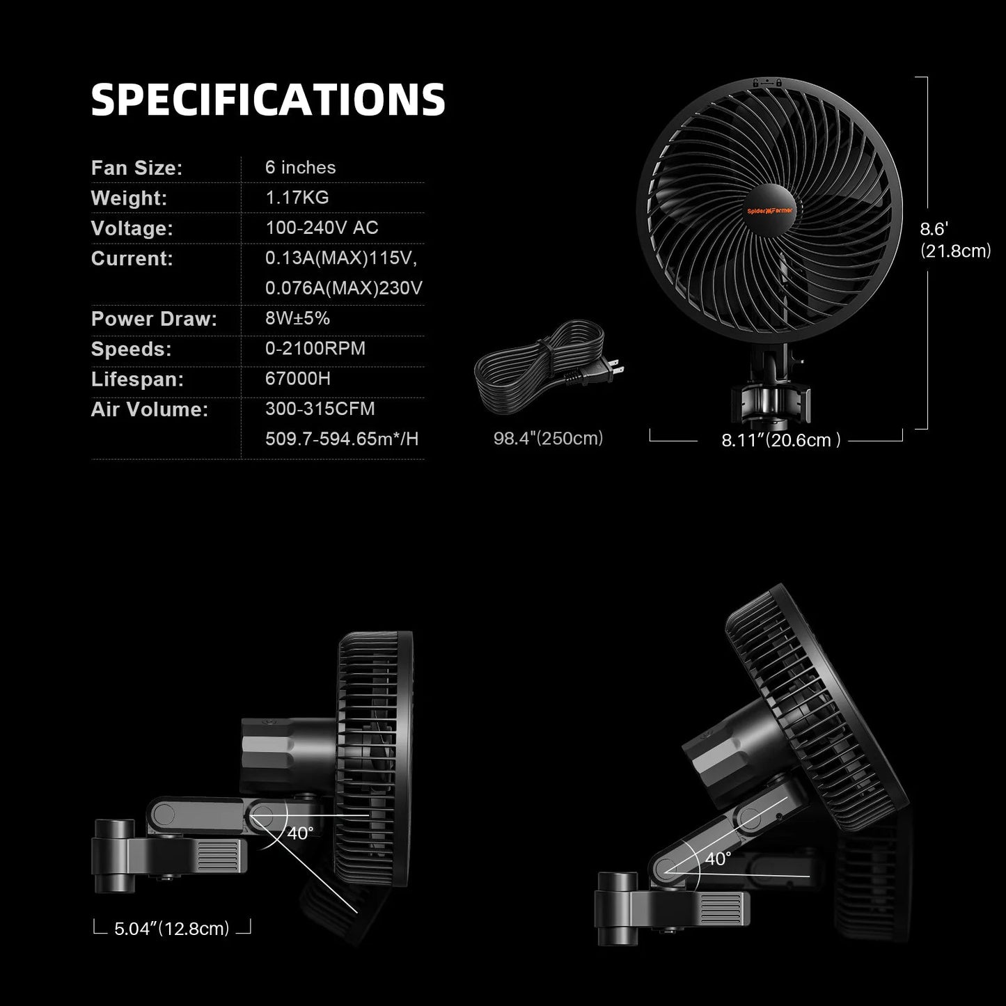 2025 Nouvelle version Spider Farmer®6 pouces tente de croissance clip ventilateur Moteur EC, 10 vitesses Contrôle du vent Oscillation grand angle à 10 niveaux, étanche IP54 pour un flux d’air optimal des plantes SPIDER FARMER