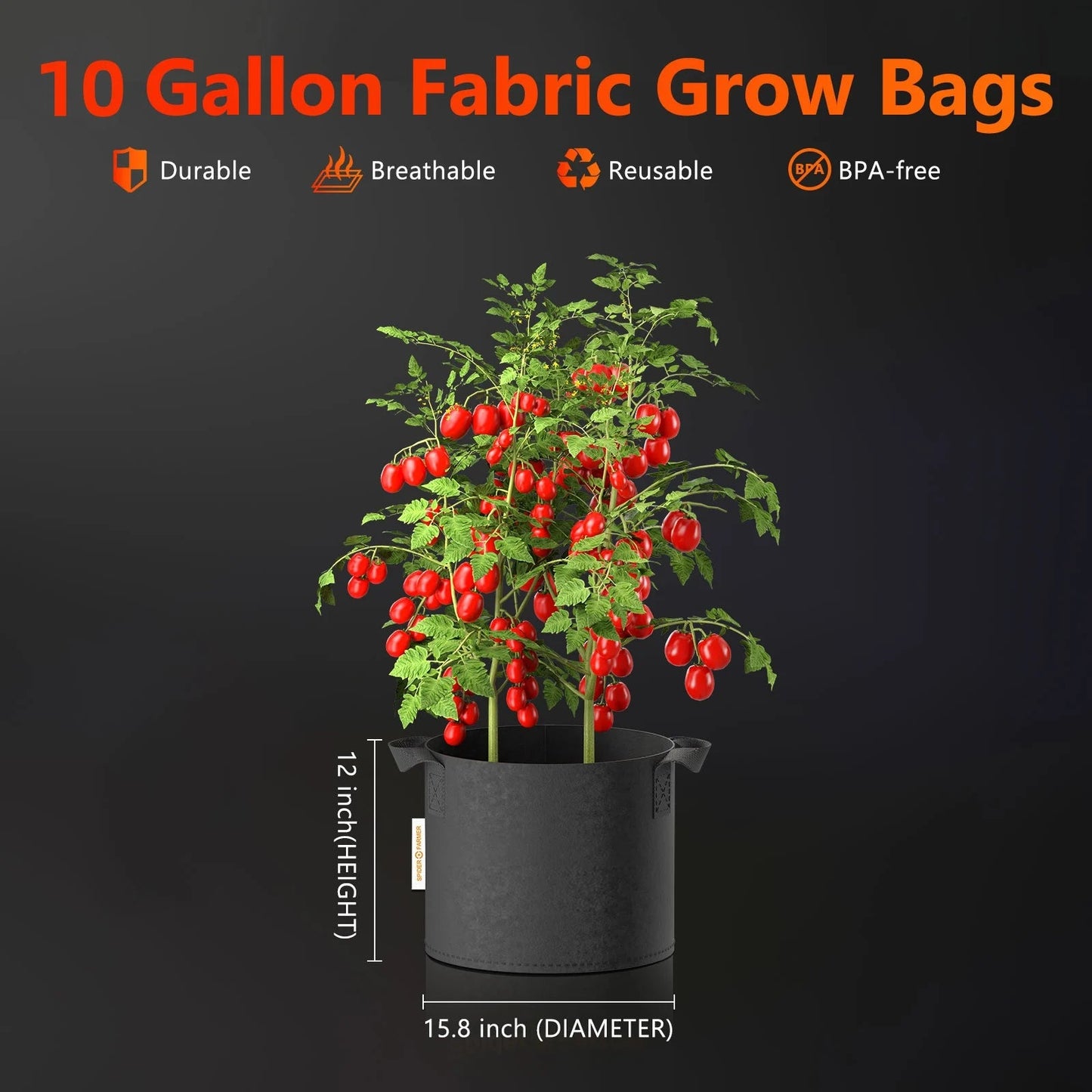 Paquet de 5 sacs de culture en tissu de 10 gallons (38 L) (Pflanzsäcke) – Jardinières de jardin respirantes et réutilisables pour tomates et légumes SPIDER FARMER