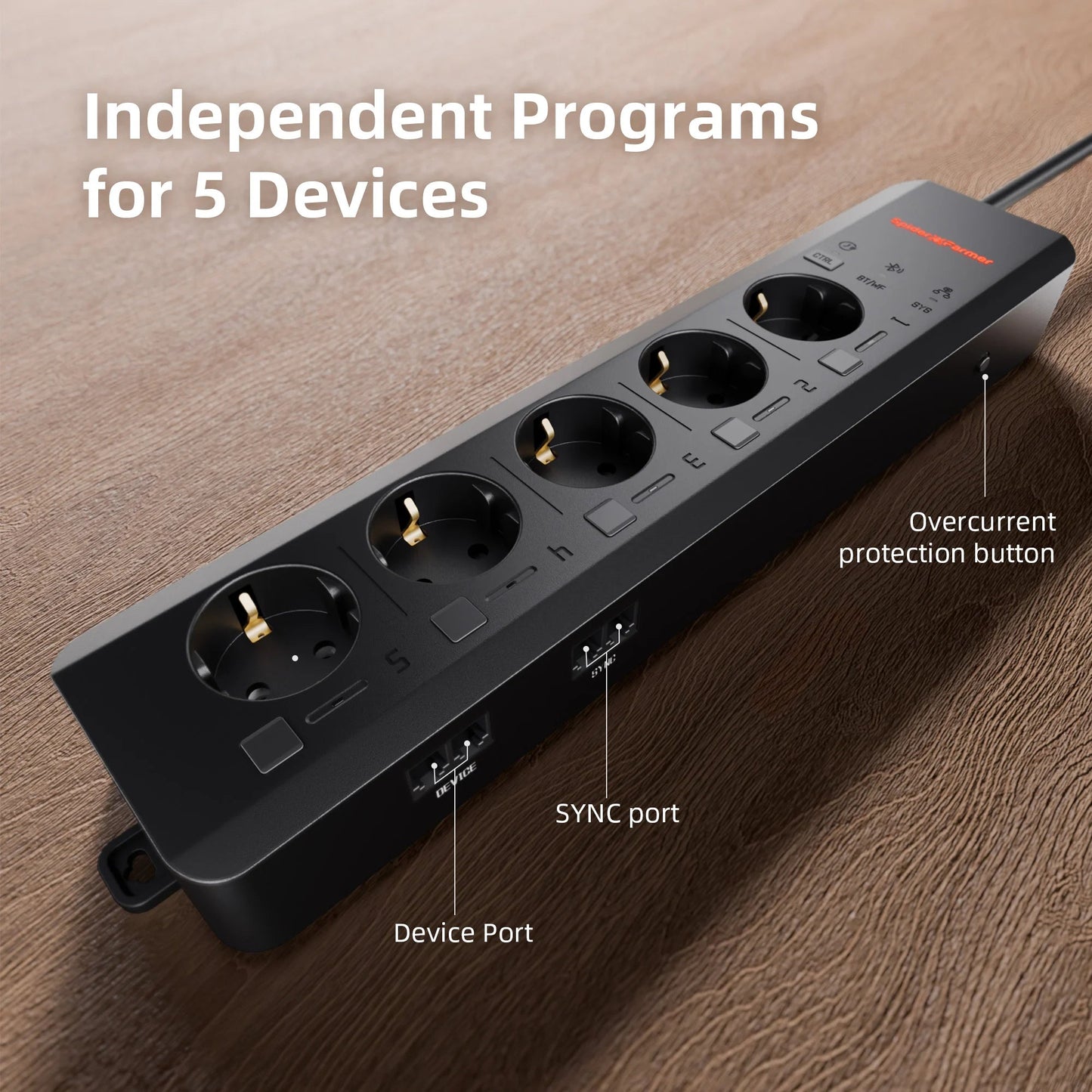 Prise multiple Spider Farmer GGS AC5 2025 avec 5 ports pour le contrôle climatique dans la tente de culture - avec mesure de la température, de l'humidité et du VPD, contrôle du temps, données historiques, Bluetooth et WiFi SPIDER FARMER