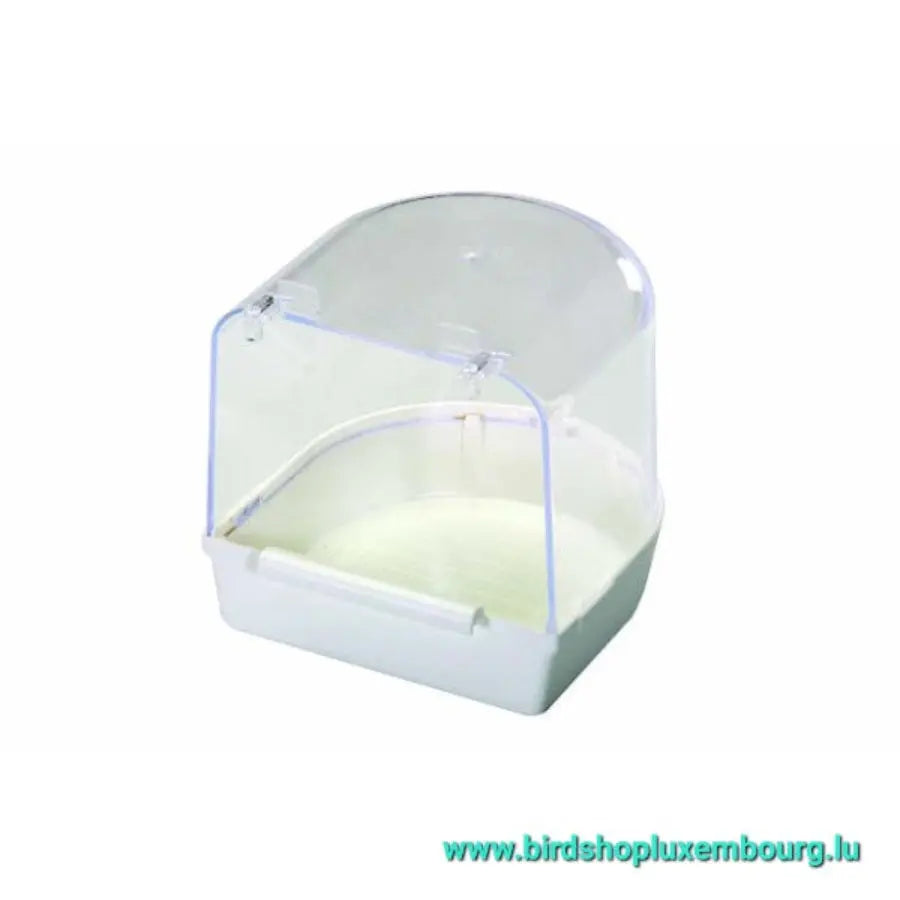 La Baignoire "Luxe" 2-GR est une mangeoire à oiseaux en plastique transparent avec un toit incurvé et une élégante base blanche. Idéale pour les petits oiseaux, elle comprend un perchoir et une ouverture. Un filigrane bleu sarcelle orne le coin inférieur droit de la page Web.