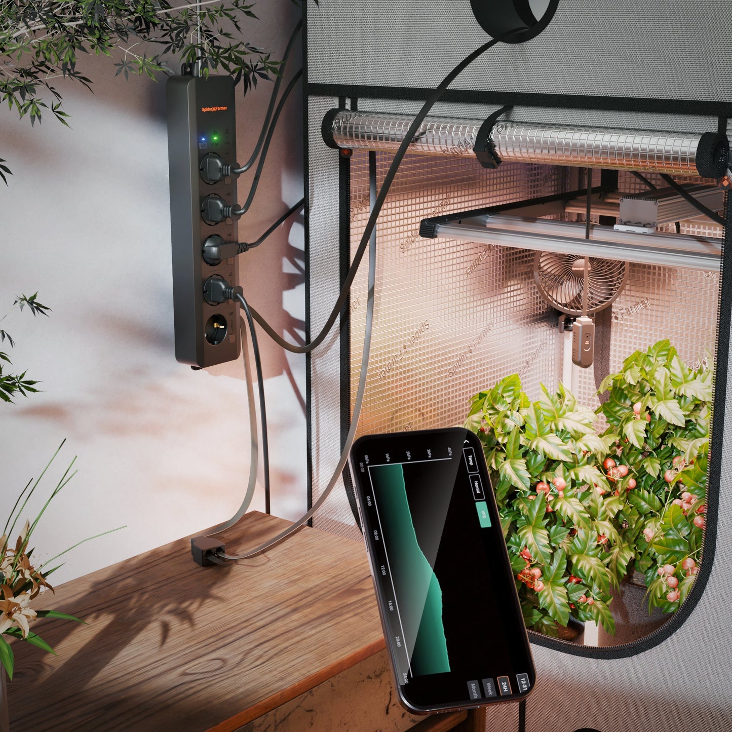 Prise multiple Spider Farmer GGS AC5 2025 avec 5 ports pour le contrôle climatique dans la tente de culture - avec mesure de la température, de l'humidité et du VPD, contrôle du temps, données historiques, Bluetooth et WiFi SPIDER FARMER