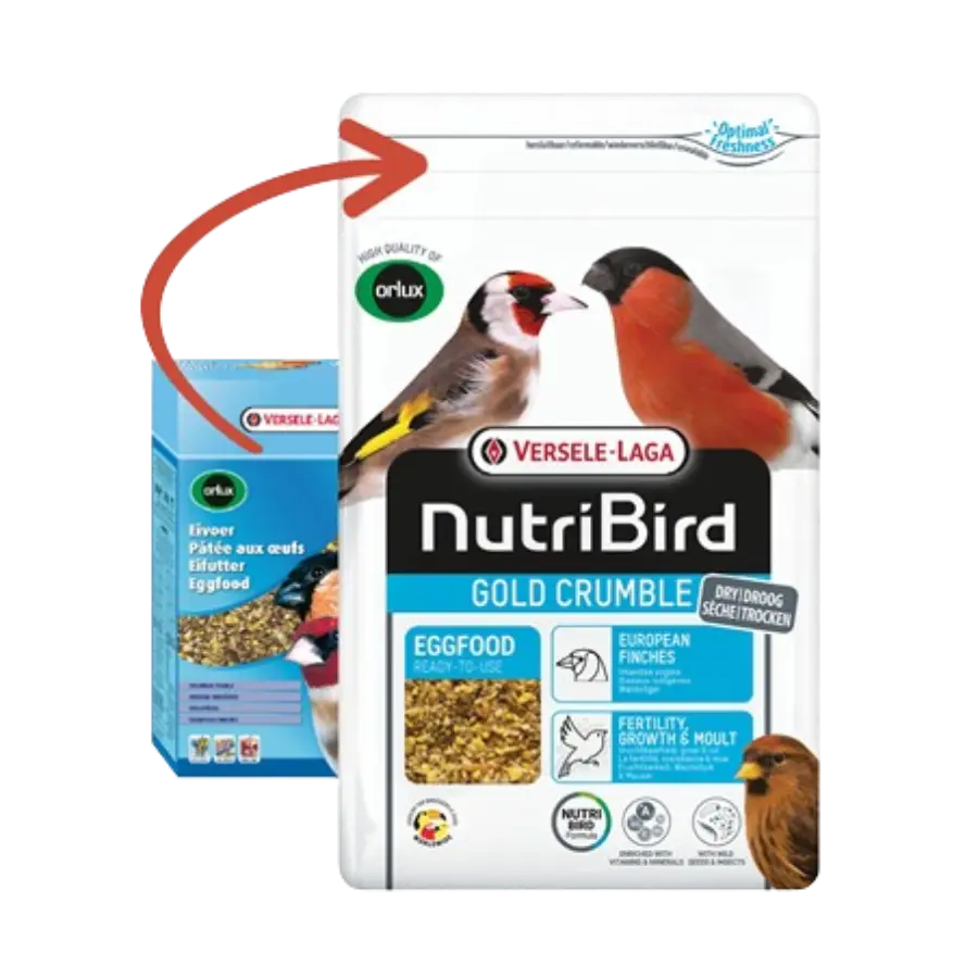 L'emballage de la Pâtée aux œufs pour oiseaux indigènes 800 GR d'Orlux de Versele-Laga met en scène des pinsons européens, soulignant ainsi sa facilité d'utilisation. Il met en valeur les nutriments essentiels et les protéines animales qui favorisent la croissance et la mue, avec une boîte de produit plus petite et subtile en arrière-plan.