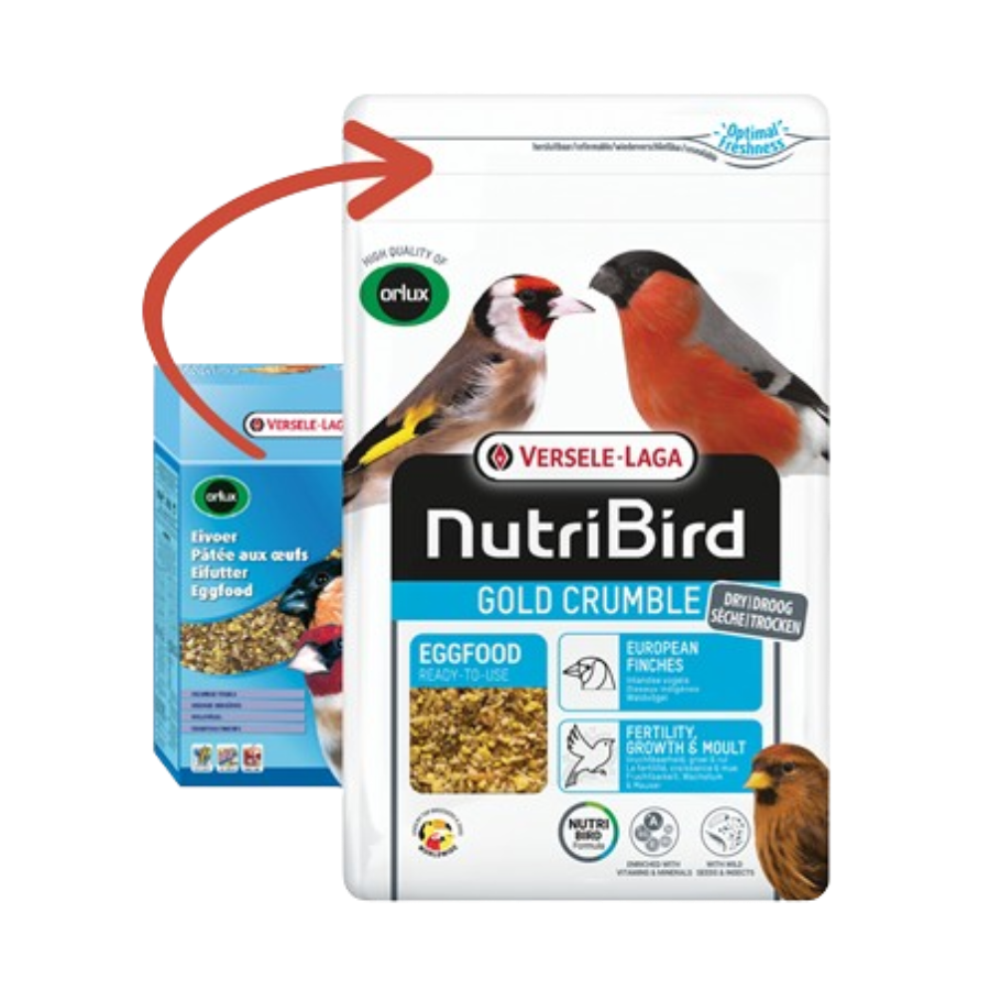 L'emballage de la Pâtée aux œufs pour oiseaux indigènes 800 GR d'Orlux de Versele-Laga met en scène des pinsons européens, soulignant ainsi sa facilité d'utilisation. Il met en valeur les nutriments essentiels et les protéines animales qui favorisent la croissance et la mue, avec une boîte de produit plus petite et subtile en arrière-plan.
