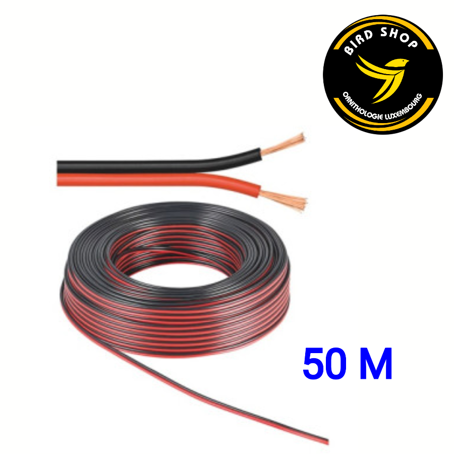 Annoncé comme un « câble 50 M pour alimentation led », ce câble électrique spiralé rouge et noir avec extrémités en cuivre apparentes de BIRD SHOP ORNITHOLOGIE LUXEMBOURG, arborant un logo d'oiseau jaune stylisé, est parfait pour les configurations LED.