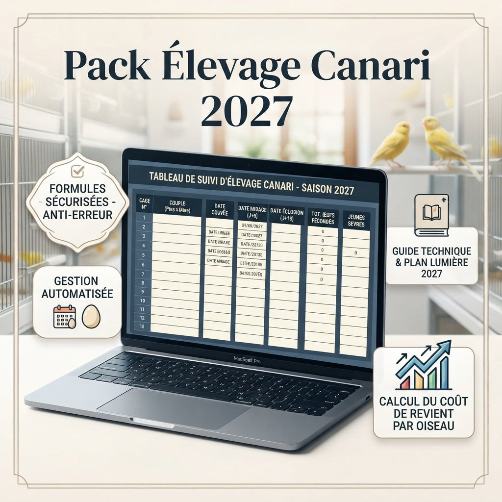 Pack Élevage Canari 2027 – Tableau Excel Automatisé & Guide Pro BIRD SHOP ORNITHOLOGIE LUXEMBOURG