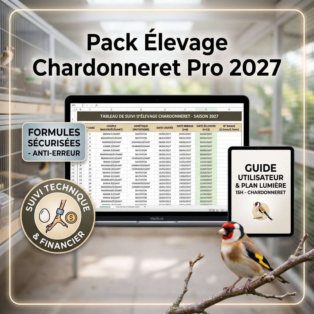 Pack Élevage Chardonneret Pro 2027 – Tableau Excel Automatisé & Guide Technique BIRD SHOP ORNITHOLOGIE LUXEMBOURG