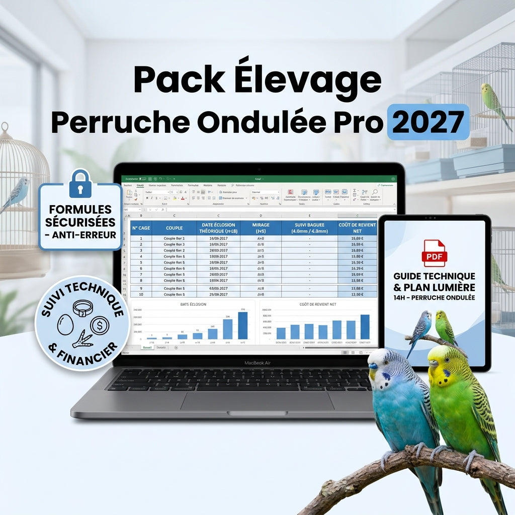 Pack Élevage Perruche Ondulée 2027 – Tableau Excel Automatisé & Guide Technique BIRD SHOP ORNITHOLOGIE LUXEMBOURG