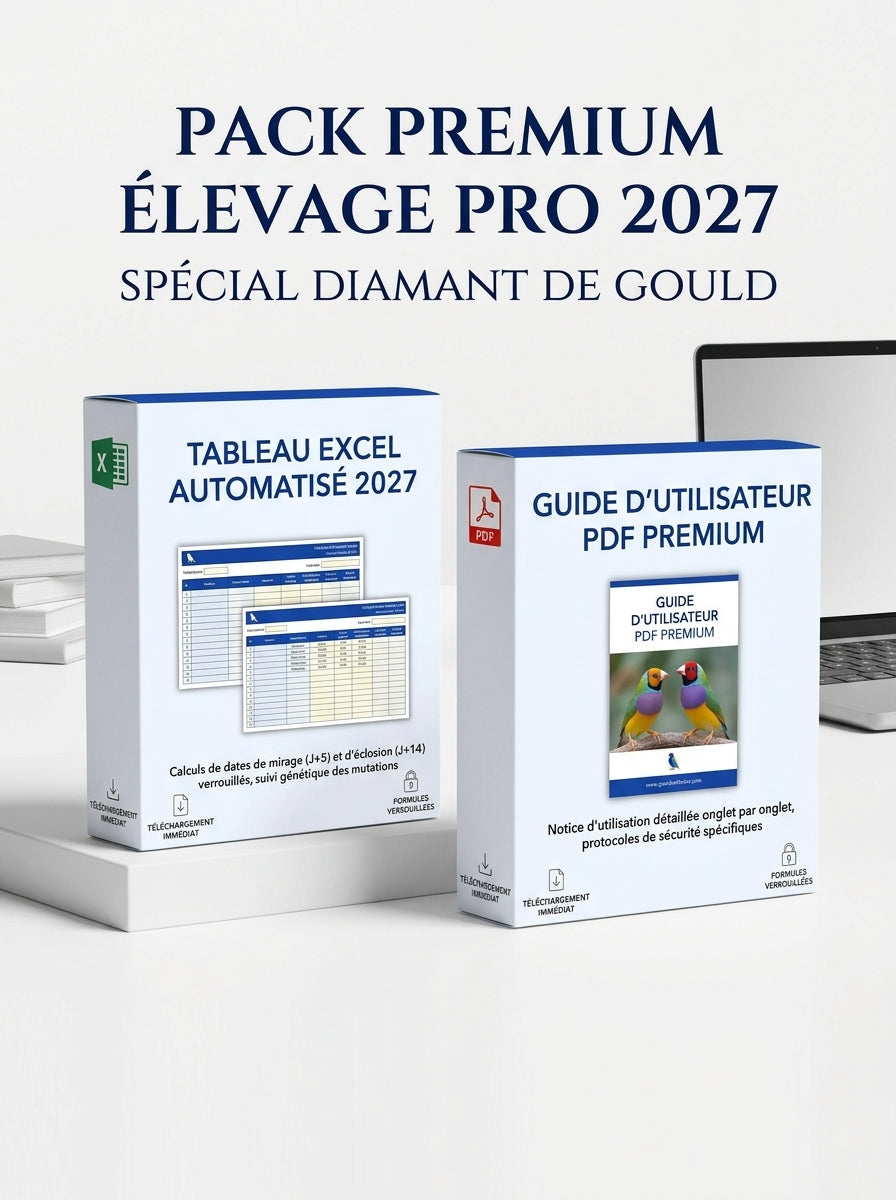 Pack Élevage Diamant de Gould 2027 – Tableau Excel Automatisé & Guide Technique BIRD SHOP ORNITHOLOGIE LUXEMBOURG