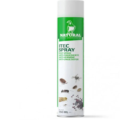 Un grand spray Natural itec de 750 ml, de la marque Natural, est un spray antiparasitaire vert et blanc qui combat efficacement les parasites externes. Il présente des illustrations d'insectes et un texte multilingue sur le devant.