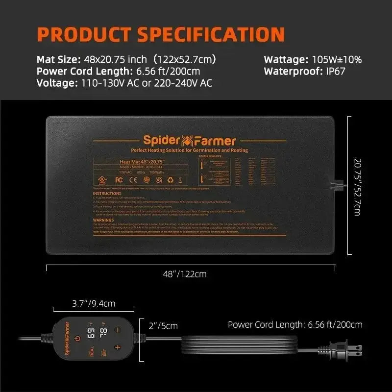 2025 Nouveau Spider Farmer Seedling Coussin Chauffant 121 x 52cm Heizmatte Pflanzen avec contrôleur Tapis de chaleur hydroponique pour la germination, jardinage intérieur, serre - BIRD SHOP ORNITHOLOGIE LUXEMBOURG S.A.R.L-S