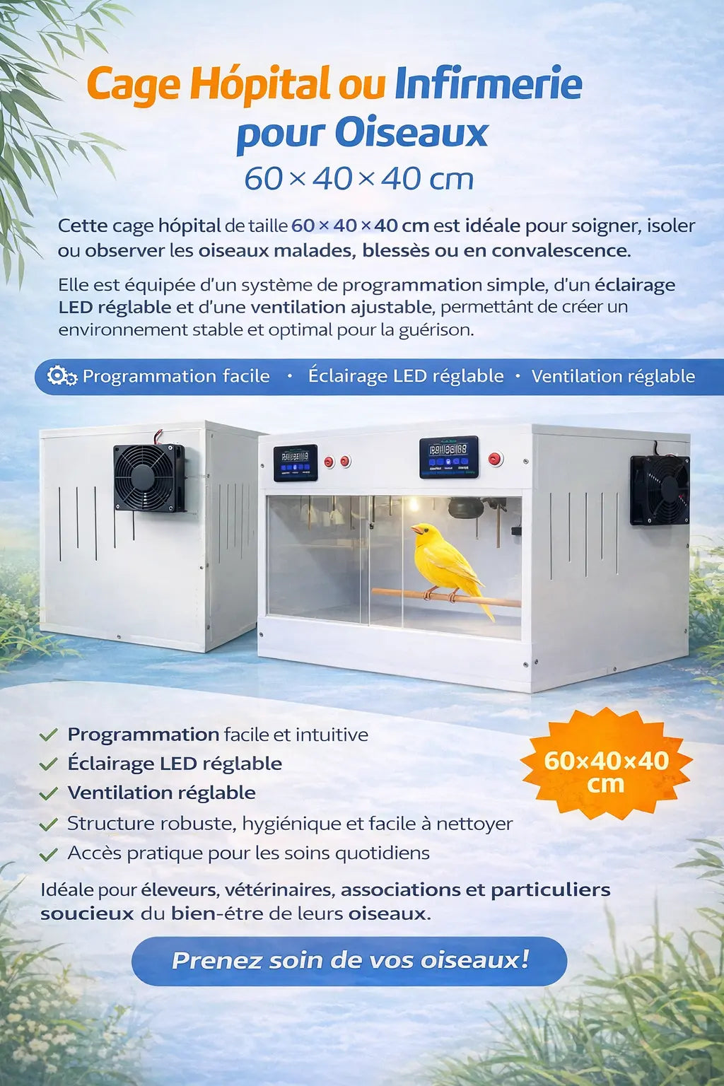 Cage Hôpital ou Infirmerie pour Oiseaux – 60 × 40 × 40 cm       ( Pré commande ) BIRD SHOP ORNITHOLOGIE LUXEMBOURG S.A.R.L-S