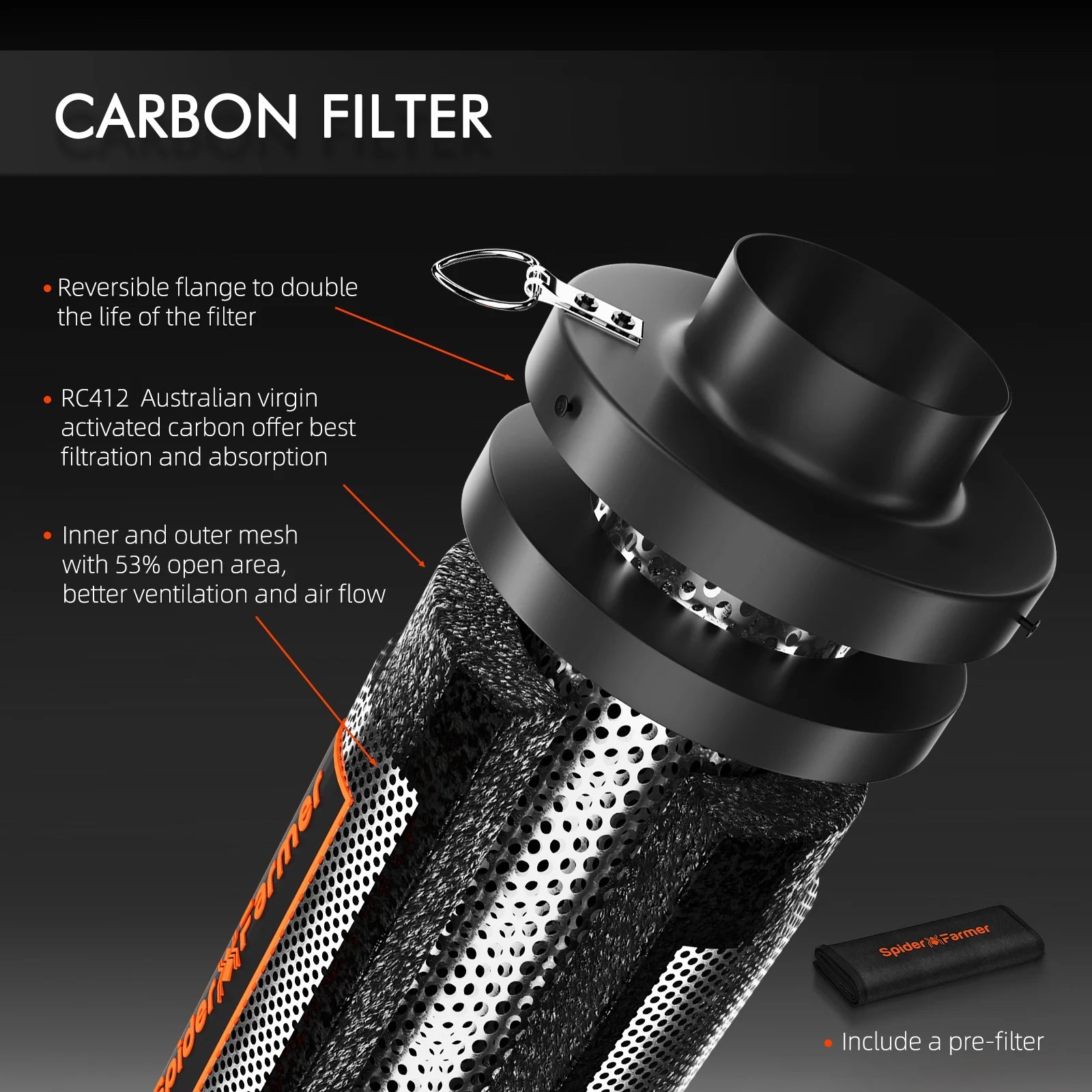Spider Farmer 6 pouce Air Filtre à charbon Kohlefilter pour ventilateur de conduit en ligne, contrôle des odeurs, hydroponie, salles de culture SPIDER FARMER