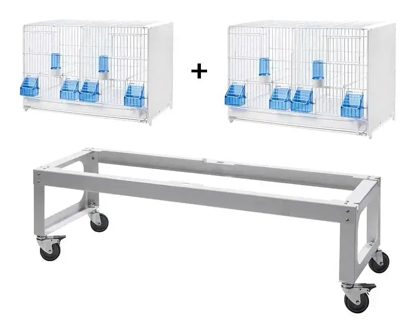 Chariot 119×33×36 cm en fer peint blanc pour 2 cages 58 cm avec roues haute qualité dont 2 freins
