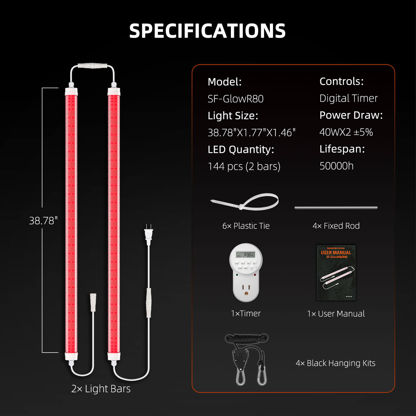 Spider Farmer® GlowR80 80W Deep Red Spectrum 660nm Lampe de croissance LED supplémentaire pour plantes d’intérieur,Lampe de culture suspendue pour plantes de serre hydroponiques Semis Veg SPIDER FARMER