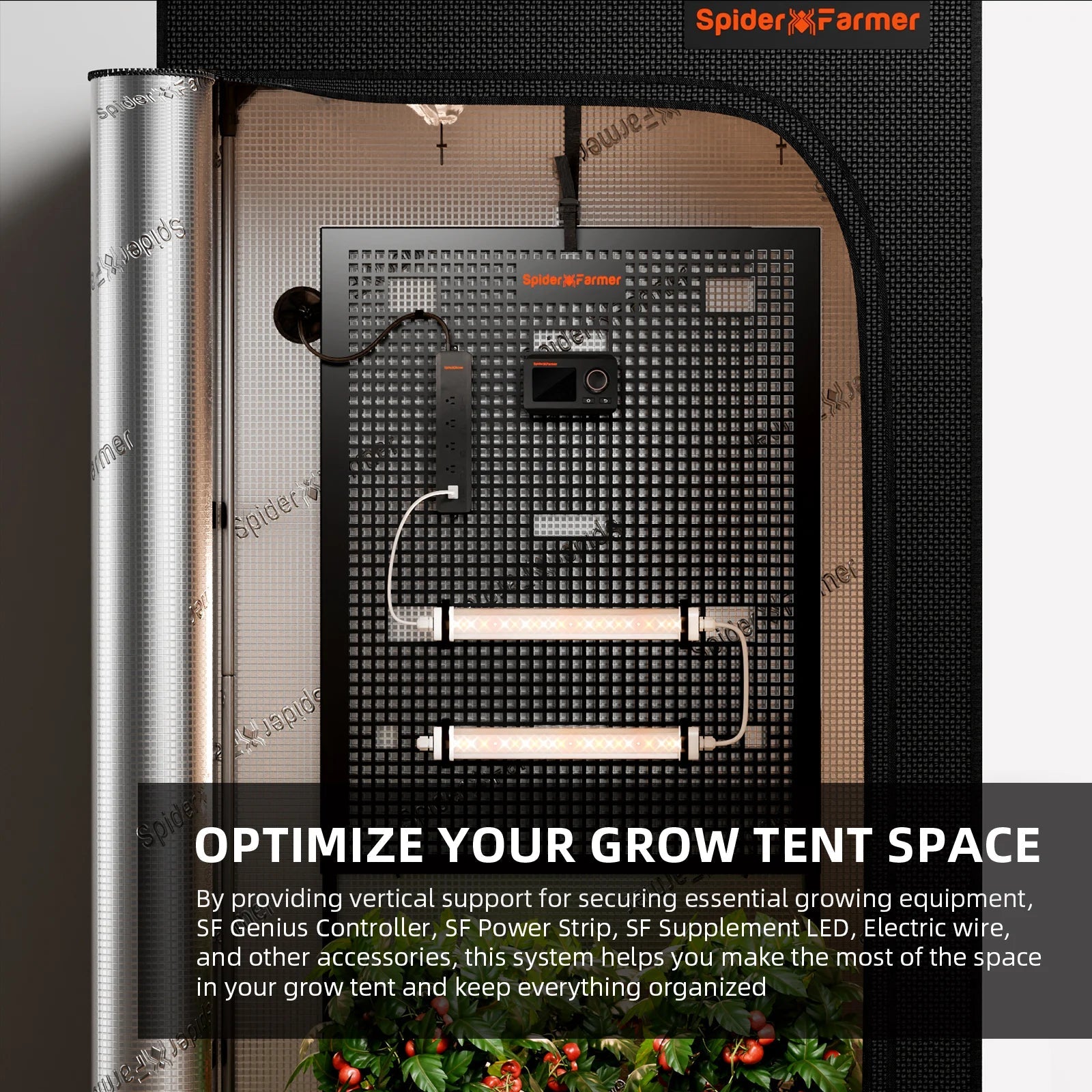 2025 Spider Farmer® Genius Grow System Planche d’engrenage pour tente de culture – Organisateur mural pour contrôleurs et alimentations SPIDER FARMER