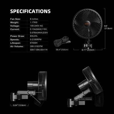 2025 Nouvelle version Spider Farmer®6 pouces tente de croissance clip ventilateur Moteur EC, 10 vitesses Contrôle du vent Oscillation grand angle à 10 niveaux, étanche IP54 pour un flux d’air optimal des plantes (paquet de 2) SPIDER FARMER