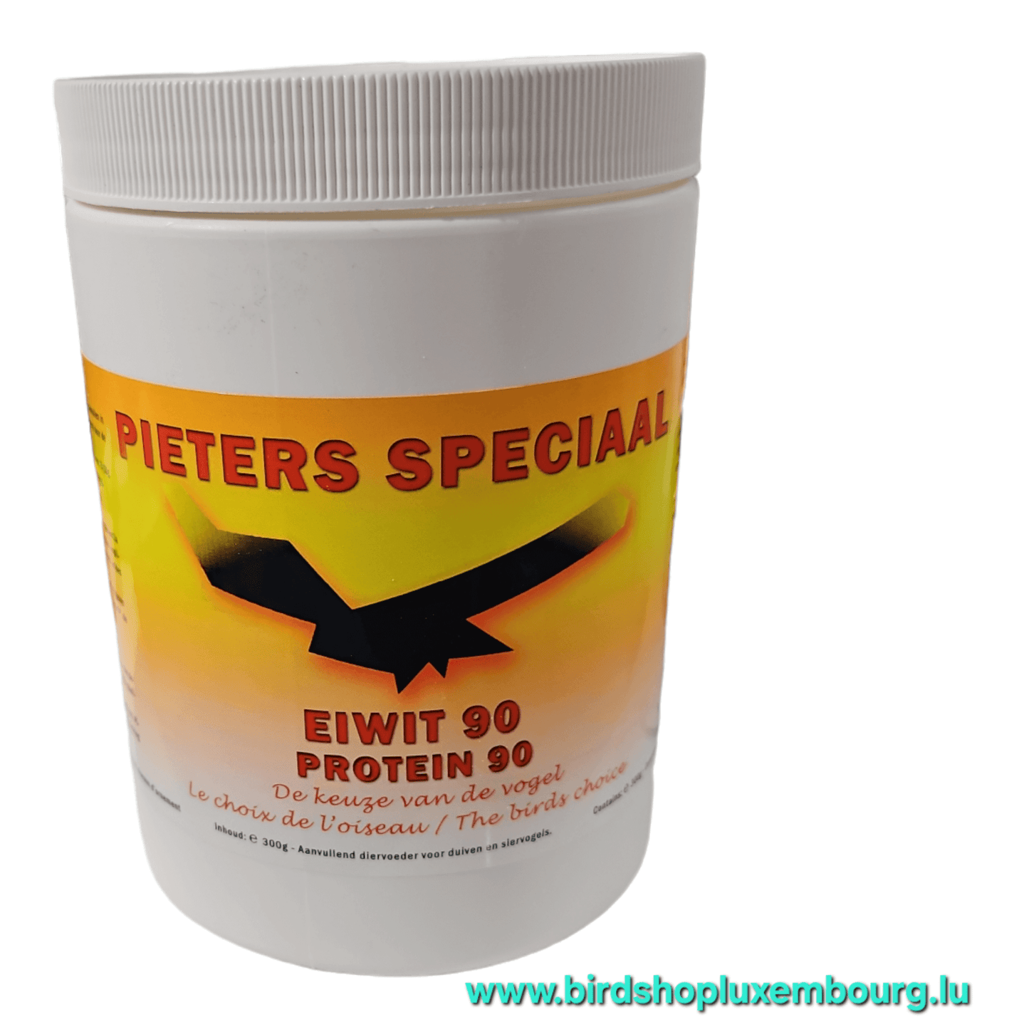 Pot blanc de Pieters Speciaal Protein 90 (300gr) avec silhouette d'aigle et texte multilingue en rouge et noir. Présentation de PROTIDE 90 pour les protéines animales de qualité supérieure. URL du site Web en bas en turquoise.