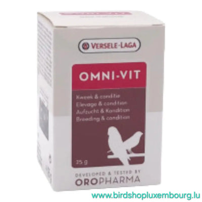 La boîte de Versele-Laga OMNI-VIT 25 GR met en valeur la silhouette de l'oiseau et met en valeur l'enrichissement en acides aminés et oligo-éléments pour l'élevage et la mise en forme. Visitez www.birdshopluxembourg.lu.