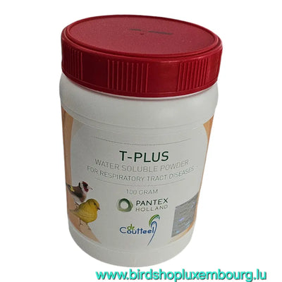 Pot de poudre hydrosoluble T-PLUS 100 GR de Pantex Holland pour les infections respiratoires, 100g. Il comporte des images d'oiseaux et un bouchon rouge. Visitez www.birdshopluxembourg.lu.