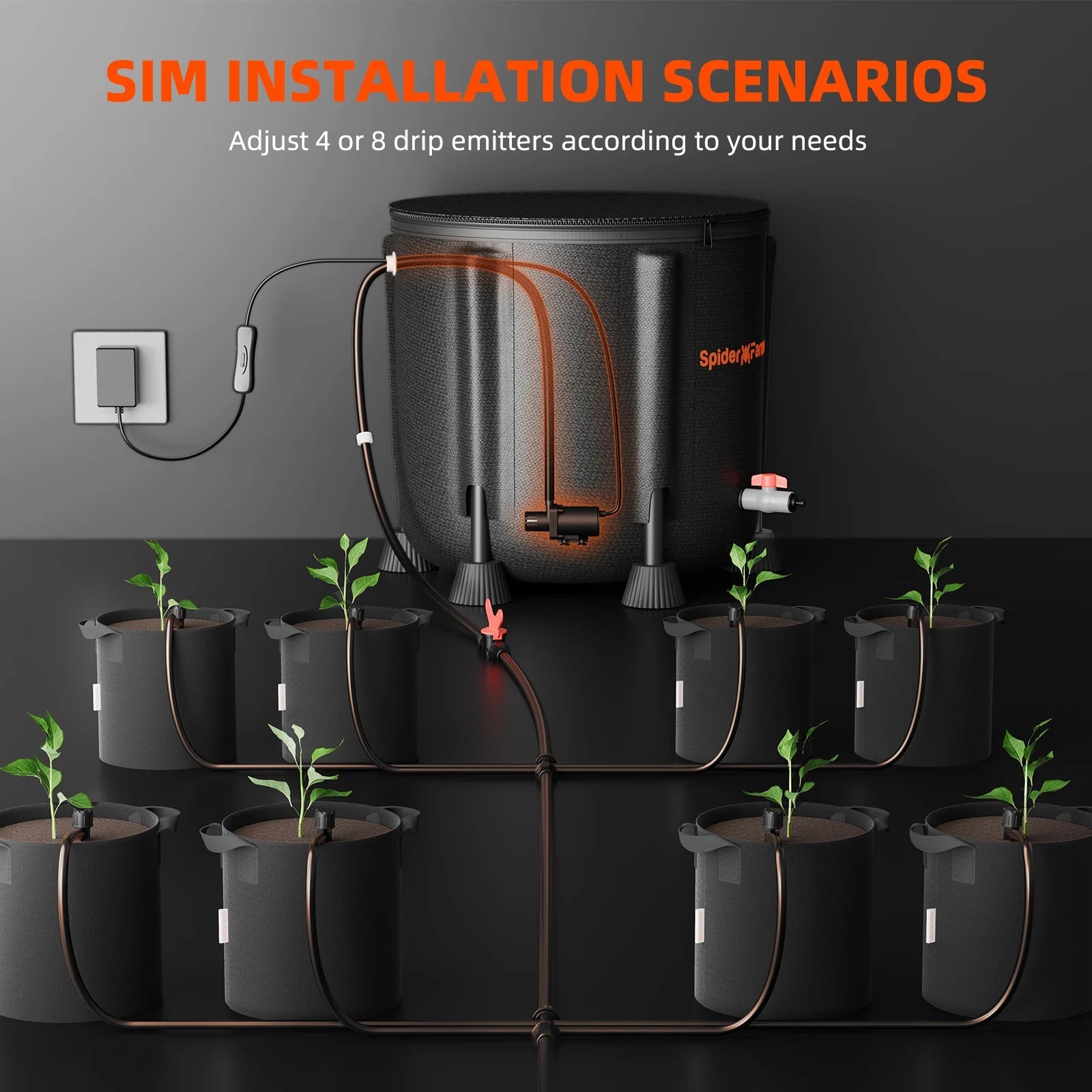 Spider Farmer Système d’irrigation goutte à goutte automatique pour plantes Pompe à eau avec 8 émetteurs de goutte à goutte SPIDER FARMER