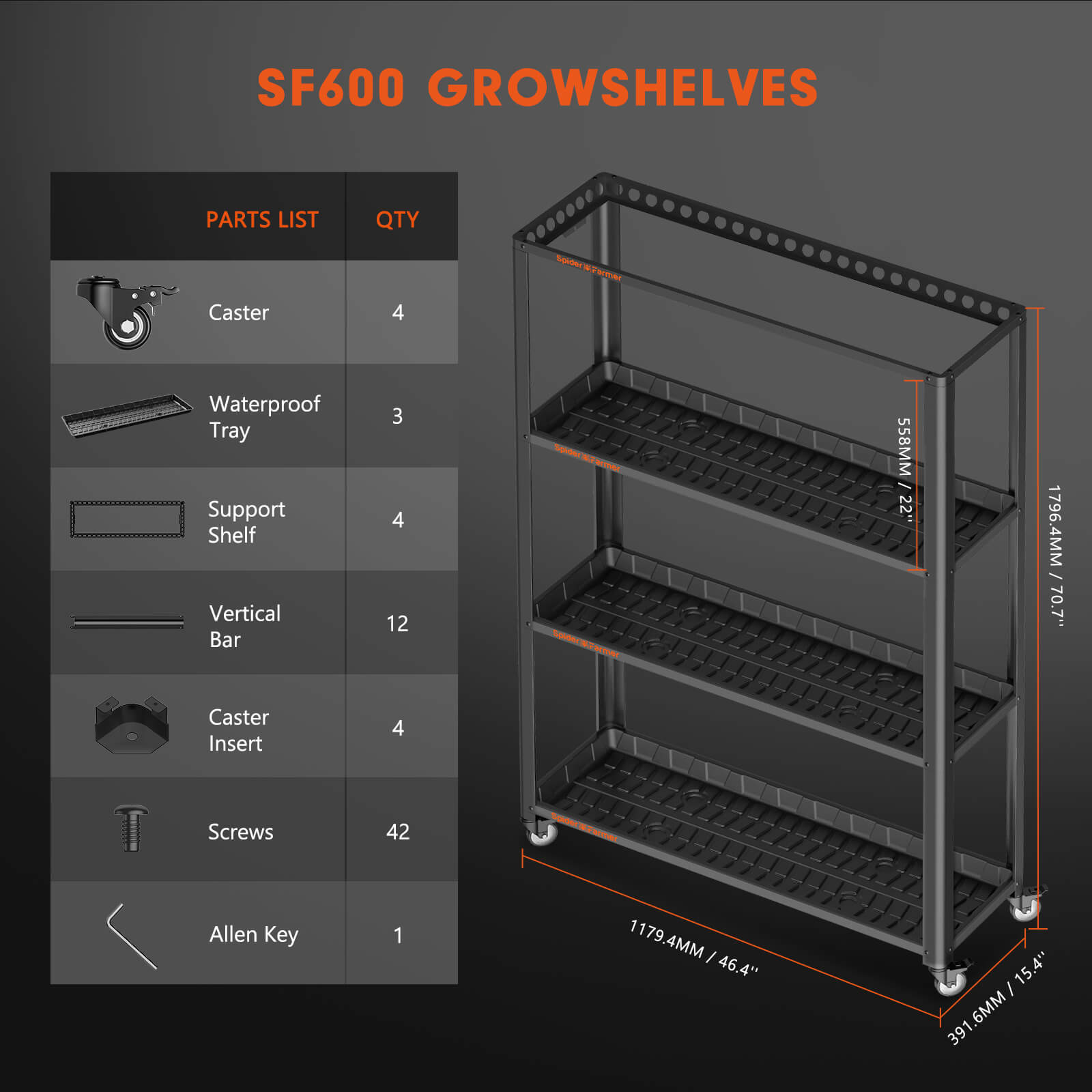 2025 Spider Farmer® SF600 growshelf Lumière de croissance LED d’intérieur et support de plante en métal avec plateaux de plantes SPIDER FARMER