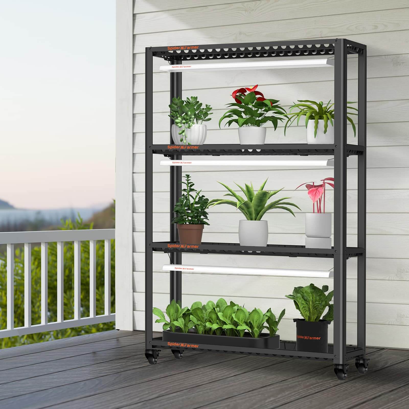2025 Spider Farmer® SF600 growshelf Lumière de croissance LED d’intérieur et support de plante en métal avec plateaux de plantes SPIDER FARMER