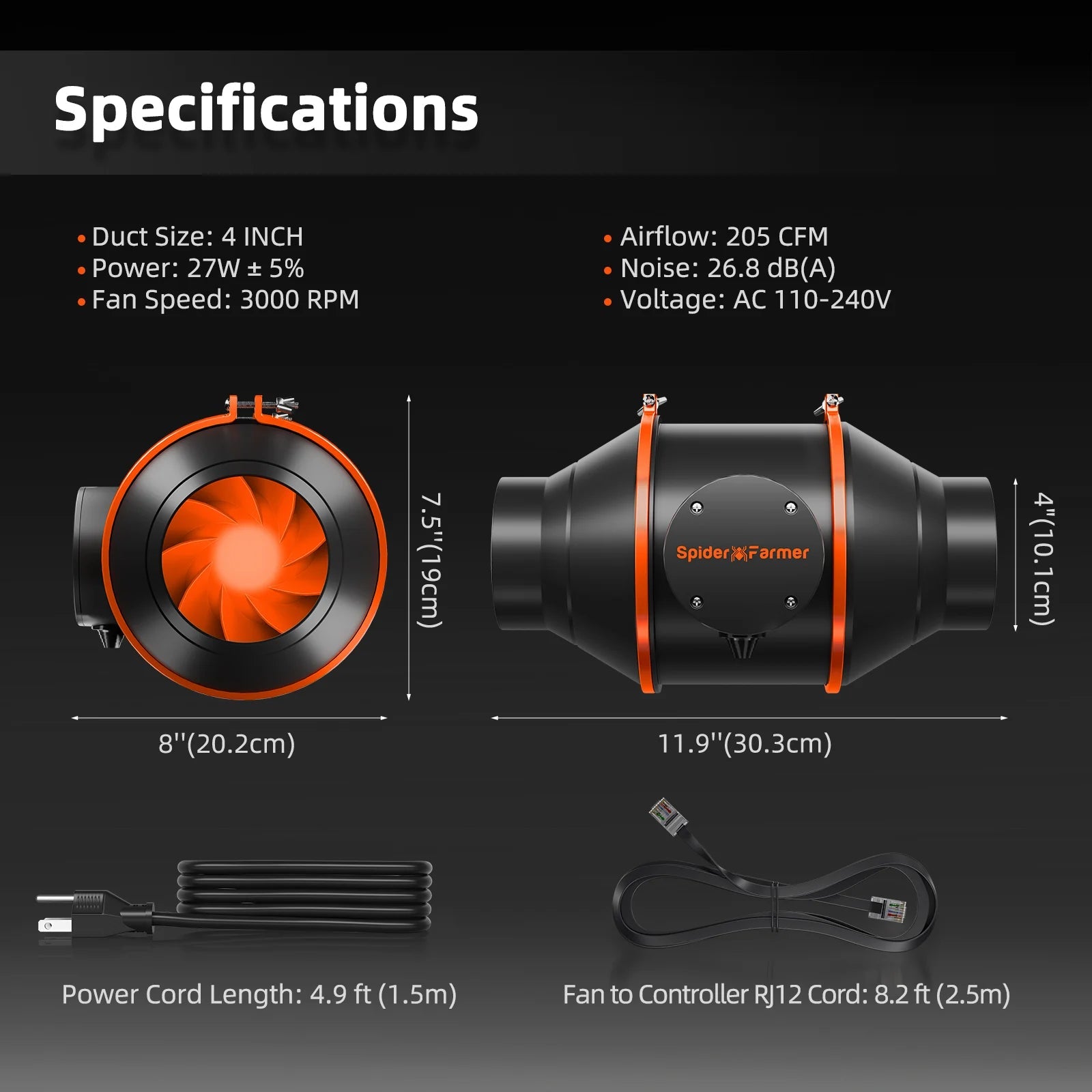 2025 Nouveau Spider Farmer 4 pouces Ventilateur en ligne 205CFM Ventilateur d’échappement Filtres à charbon et kits de conduits avec contrôleur GGS SPIDER FARMER