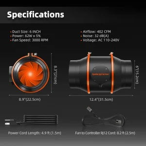 2025 Nouveau Spider Farmer 6 pouces en ligne Duct Fan Kits 402CFM avec contrôleur GGS Abluftventilateur Système de ventilation SPIDER FARMER