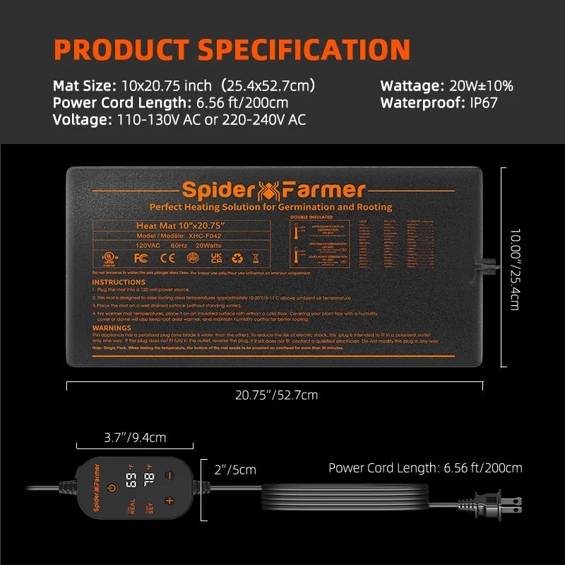 2025 Nouveau Spider Farmer 52 x 25cm Tapis chauffant pour semis, tapis de germination des plantes avec contrôleur de température pour la culture en intérieur SPIDER FARMER