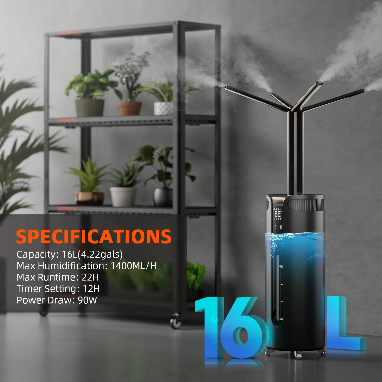 Spider Farmer 16L Humidificateur à vapeur fraîche à ultrasons avec sonde de température et d’humidité pour plantes Tente de culture intérieure SPIDER FARMER