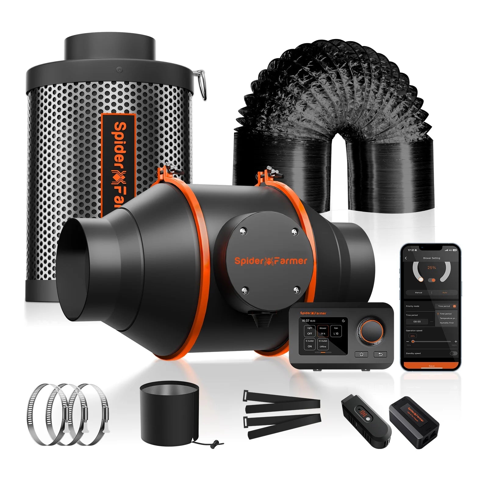 2025 Nouveau Spider Farmer 4 pouces Ventilateur en ligne 205CFM Ventilateur d’échappement Filtres à charbon et kits de conduits avec contrôleur GGS SPIDER FARMER