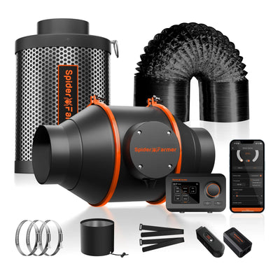 2025 Nouveau Spider Farmer 4 pouces Ventilateur en ligne 205CFM Ventilateur d’échappement Filtres à charbon et kits de conduits avec contrôleur GGS SPIDER FARMER