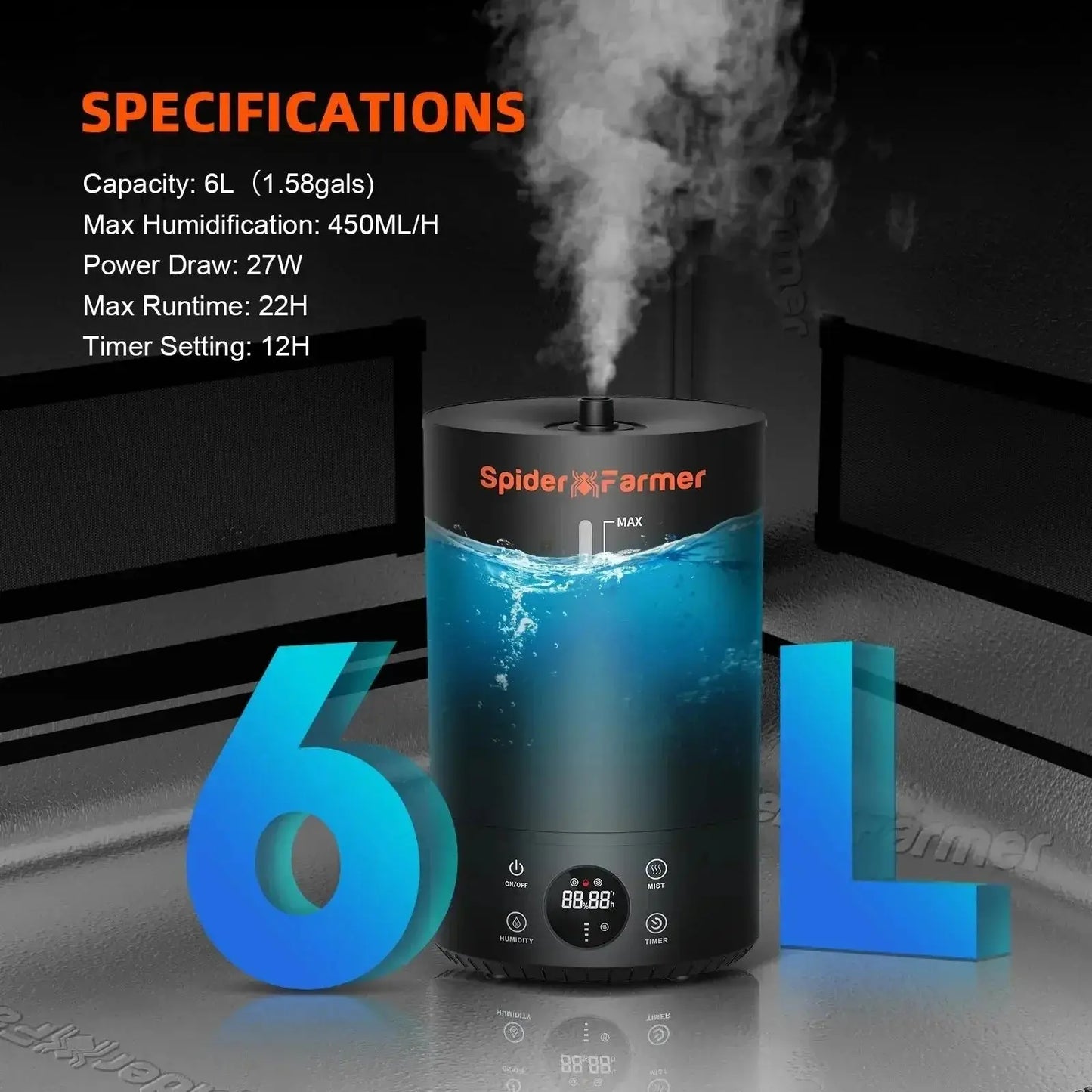 Spider Farmer 6L Cool Mist Humidificateur à ultrasons avec sonde de température et d’humidité pour plantes Tente de culture intérieure - BIRD SHOP ORNITHOLOGIE LUXEMBOURG S.A.R.L-S