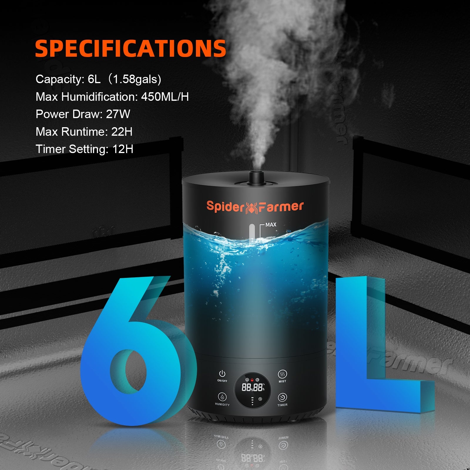 Spider Farmer 6L Cool Mist Humidificateur à ultrasons avec sonde de température et d’humidité pour plantes Tente de culture intérieure SPIDER FARMER
