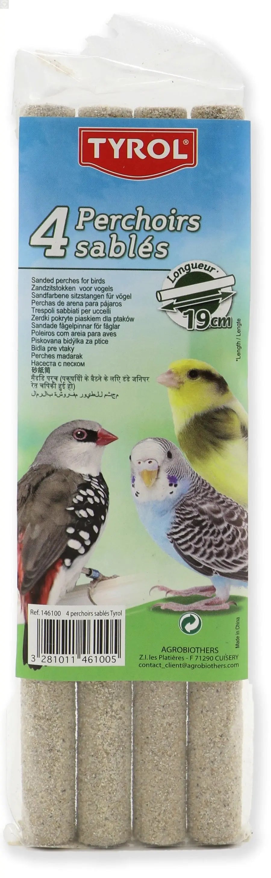 Vendu sous la marque BIRD SHOP ORNITHOLOGIE LUXEMBOURG S.A.R.L-S, TYROL 4 Perchoirs Sables Pour Oiseaux présentent des illustrations d'oiseaux et des textes sur une longueur de 19 cm. Comprend quatre perchoirs cylindriques poncés pour aiguiser les griffes et améliorer l'interaction avec les oiseaux.