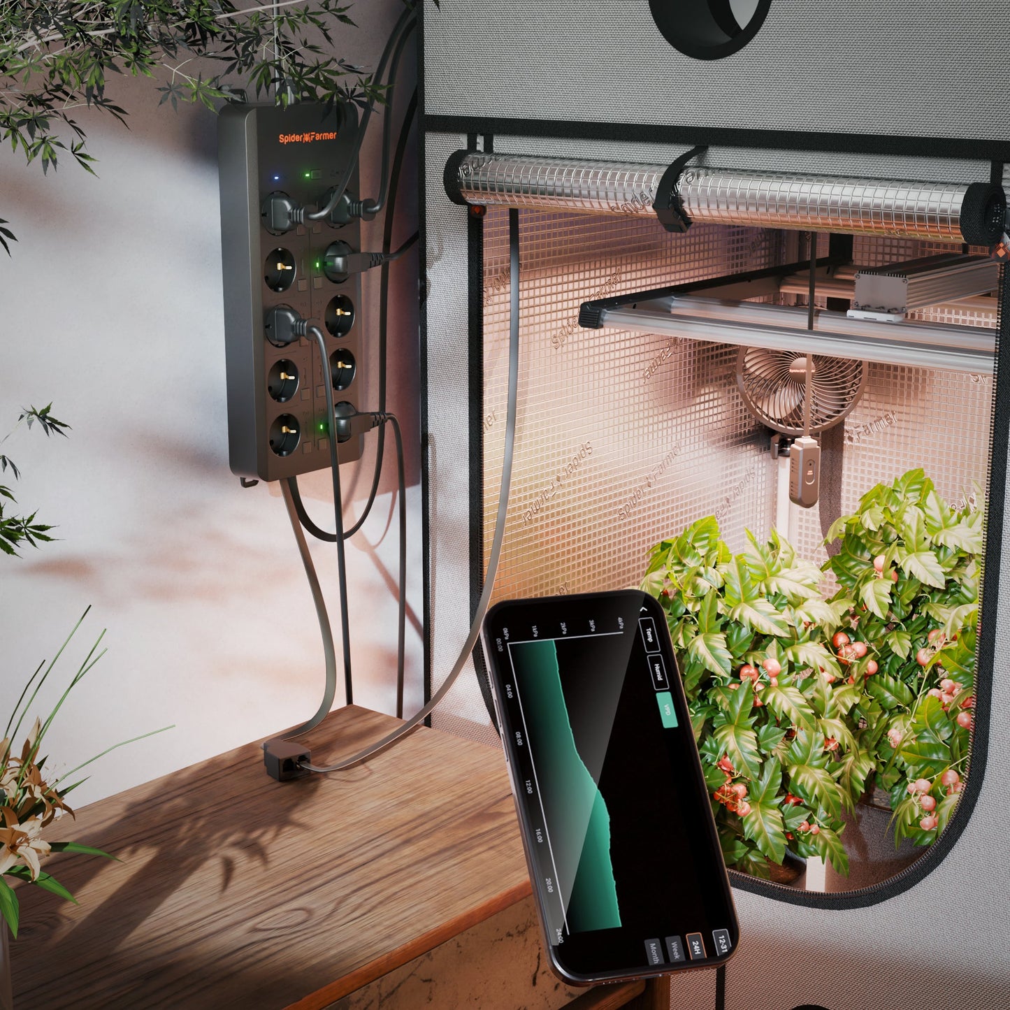 2025 Prise multiple Spider Farmer GGS AC10 avec 10 ports pour le contrôle climatique dans la tente de culture - avec mesure de la température, de l'humidité et du VPD, contrôle du temps, données historiques, Bluetooth et WiFi SPIDER FARMER