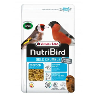 Sachet de Pâtée aux œufs pour oiseaux indigènes Orlux 800 GR de Versele-Laga, représentant deux oiseaux. C'est une nourriture aux œufs prête à l'emploi pour pinsons, favorisant la fertilité, la croissance et la mue avec les labels « Fraîcheur optimale » et « Haute qualité » pour une nutrition supérieure.