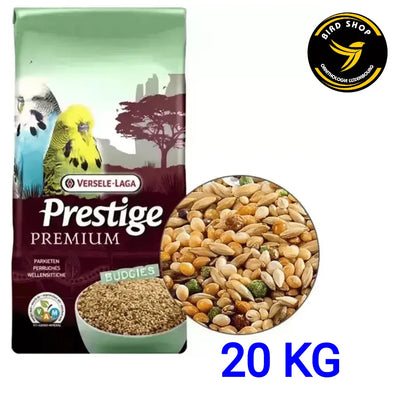 Le sac de 20 kg de Versele-Laga Prestige Premium Perruches Ondulées présente des perruches colorées et un mélange de graines en gros plan. L'emballage vert et marron comporte un logo en haut à droite, avec "20 KG" en texte bleu.