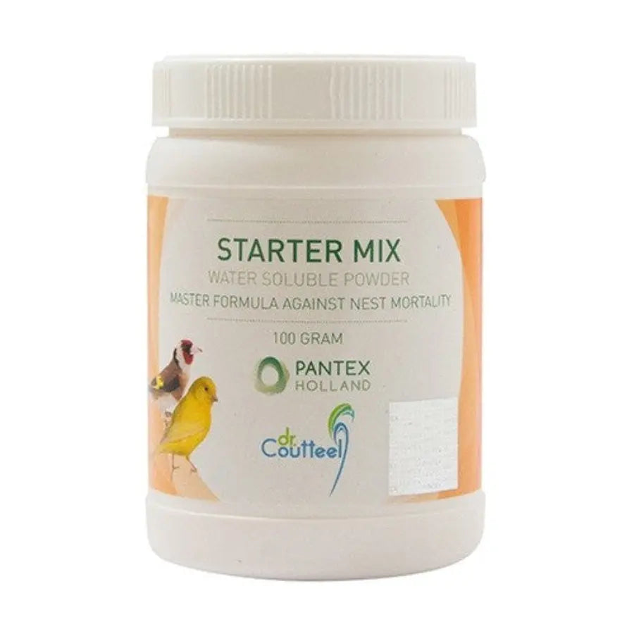 Le STARTER MIX de Pantex Holland est présenté dans un contenant en plastique blanc de 100 g avec de petites images d'oiseaux. Cette poudre hydrosoluble vise à réduire la mortalité des nids et est idéale pour les amateurs d'aviculture à la recherche de solutions de prévention efficaces.